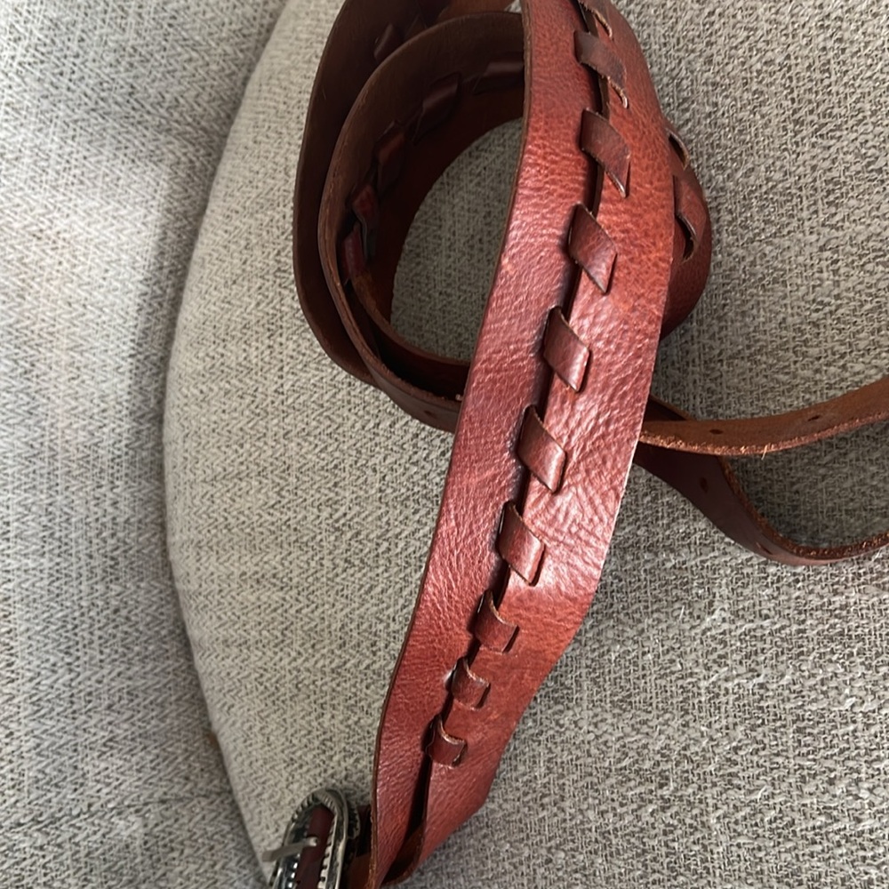 Western brown leather belt braid center double Silvertone round buckle 43” - Picture 4 of 11